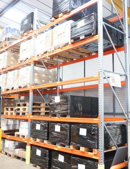Pallett's of fasteners on racking within the Righton Fasteners warehouse.
